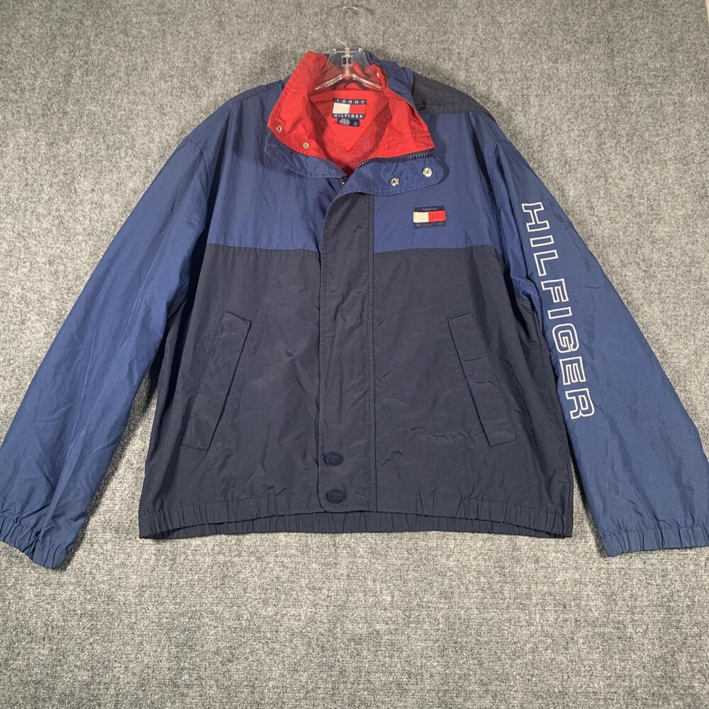 Tommy Hilfiger Jacket Mens Small Blue Hooded Nylon Logo Colorblock Windbreaker